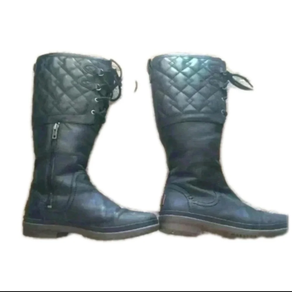 Ugg Womens Black Leather Elsa Deco Quilt Knee High Waterproof Winter Boot 8